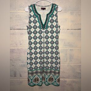 Hale Bob Sleeveless V Neck Turquoise Print Shift Dress Small like new!